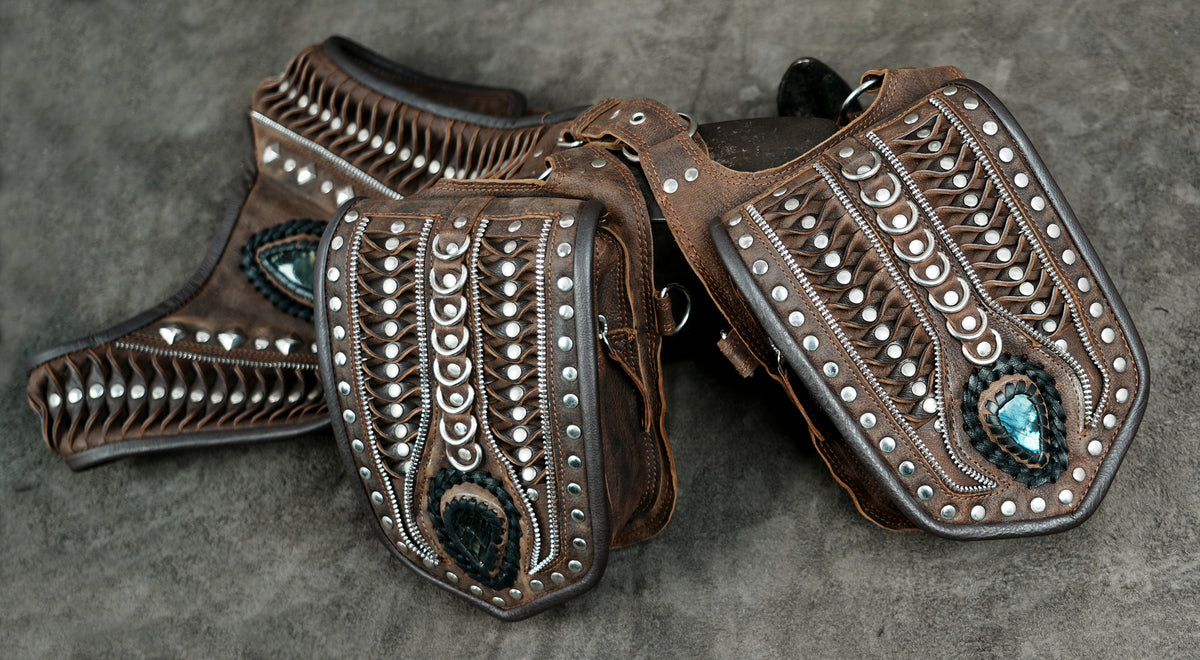 Brown Leather Holster Bag with Gemstones Unisex Steampunk Harness