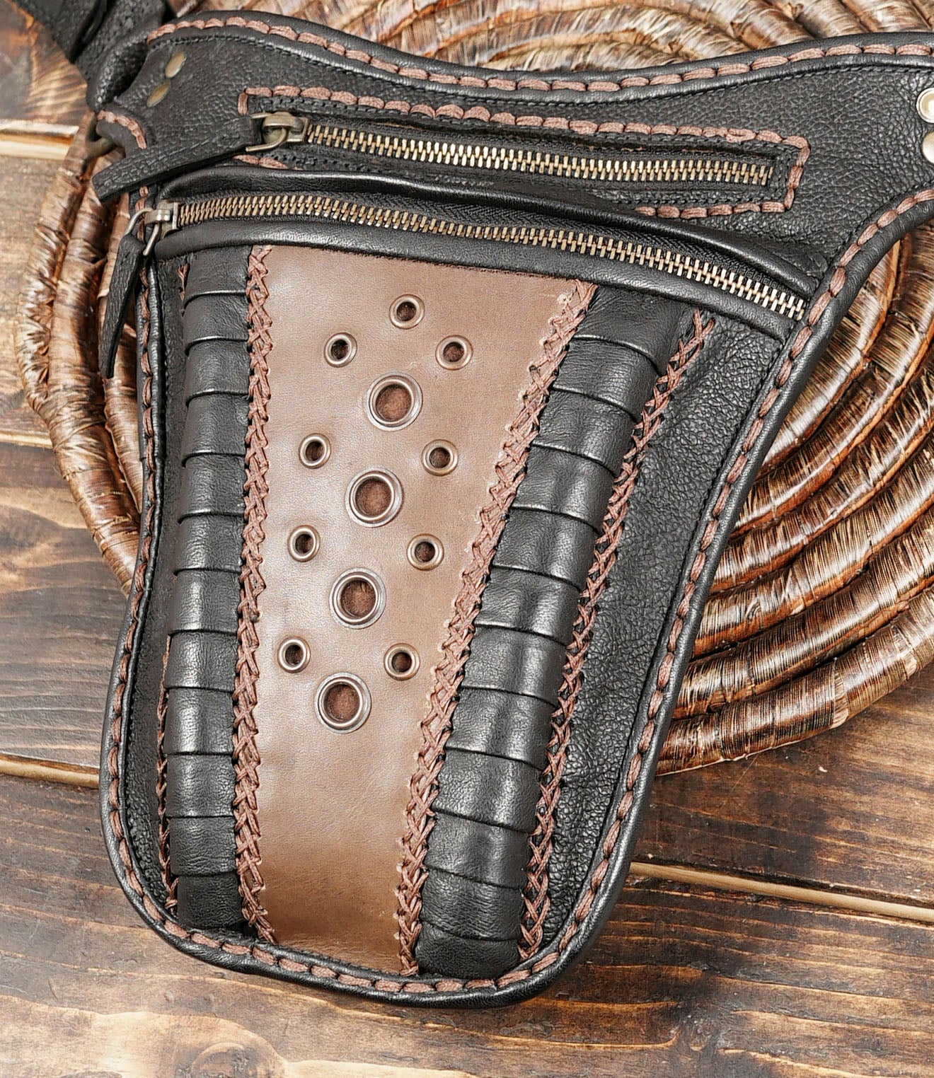 Two-tone leather festival belt bag with detailed hand stitching