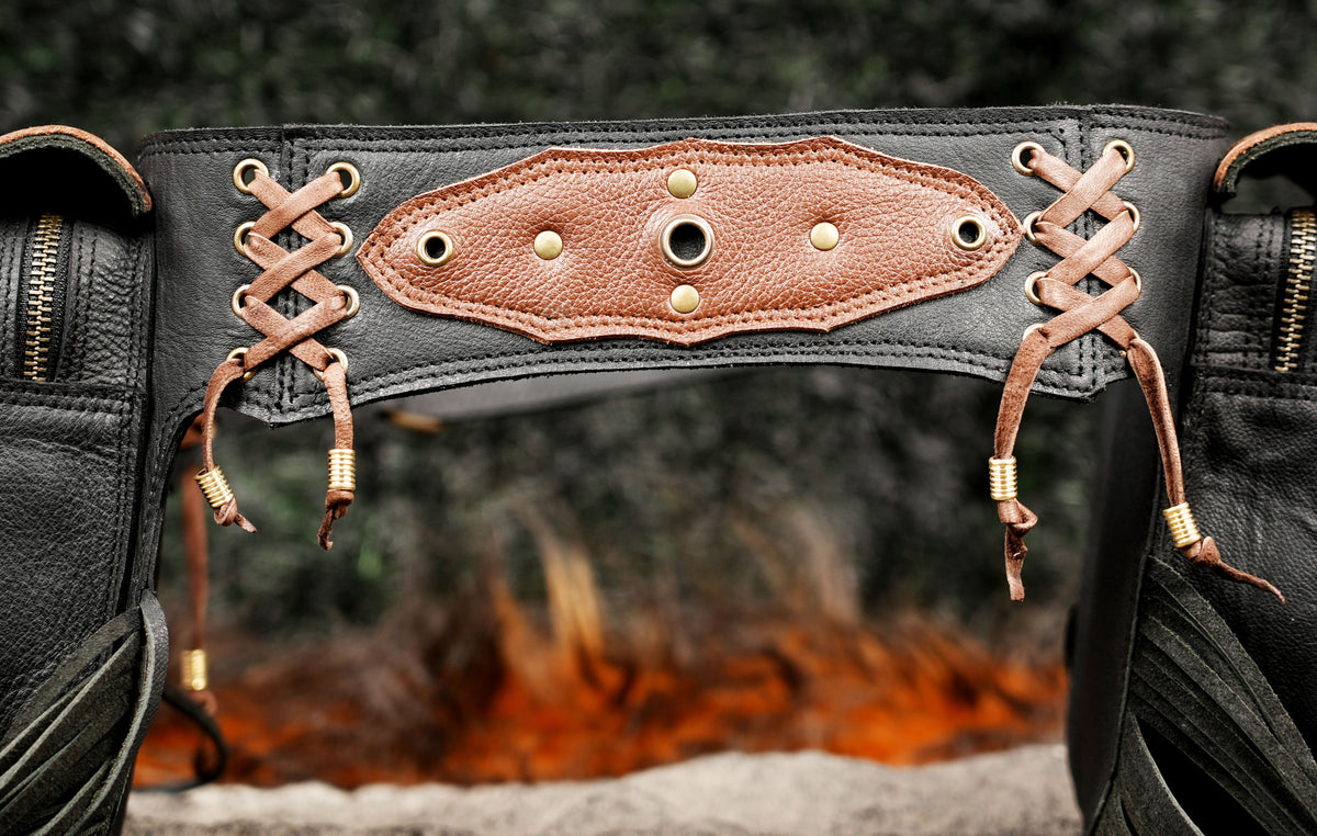 Two tone leather belt with gemstone pockets and fringe trim