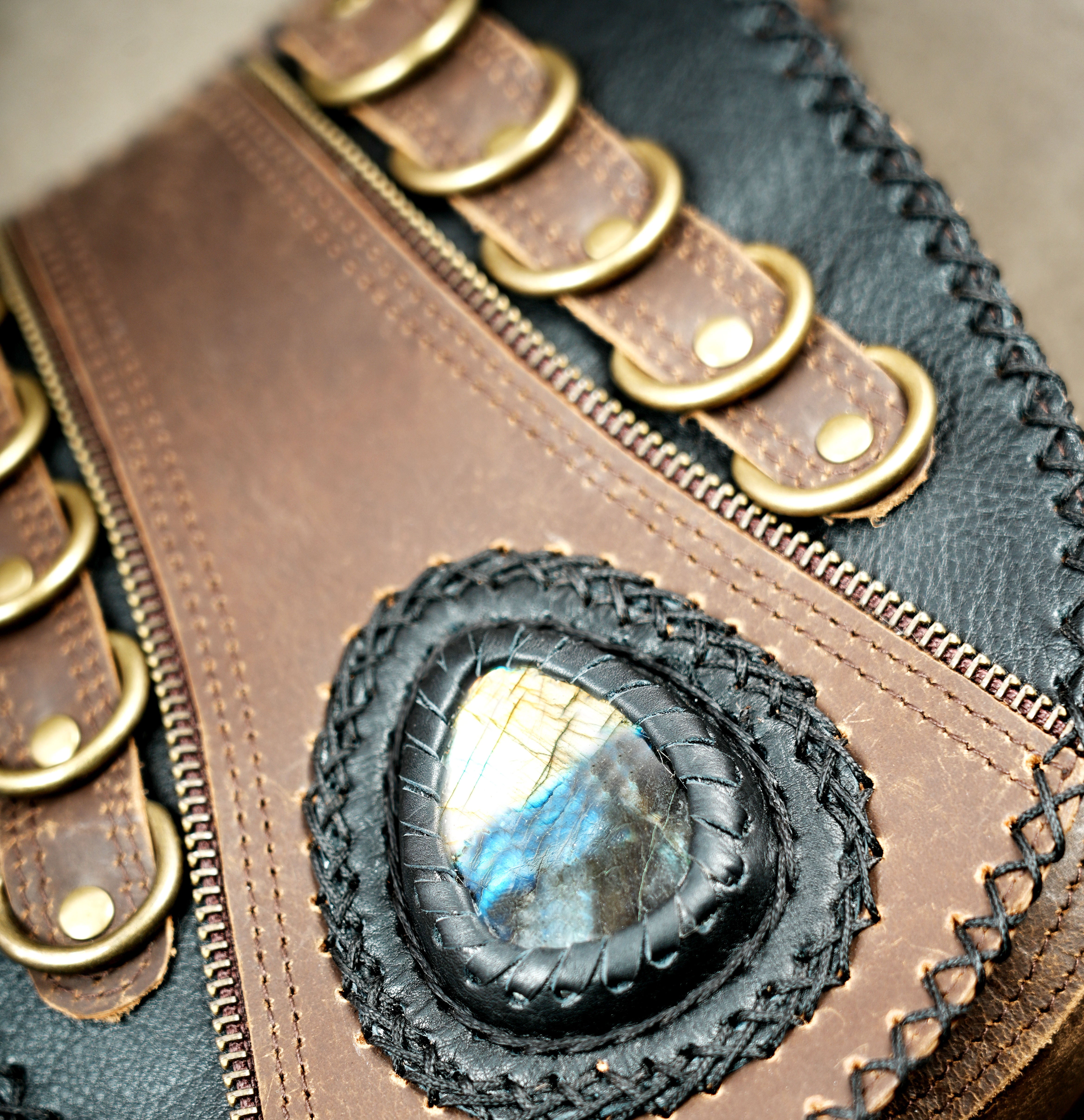 Unique leather festival fanny pack with secure pockets and crystal stone decoration