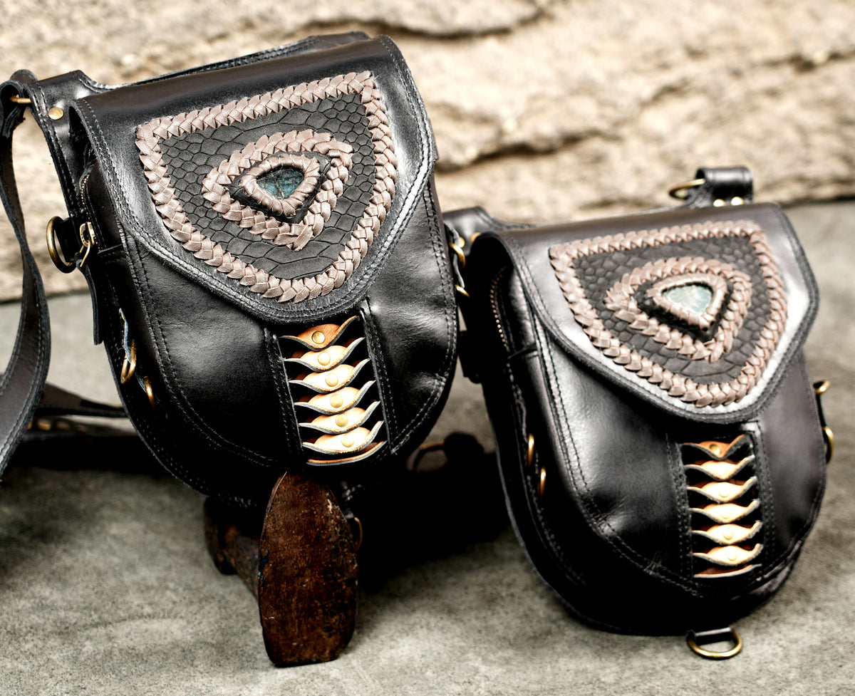 Black Leather Double Pouch Harness Bag for Burning Man Festival Outfits