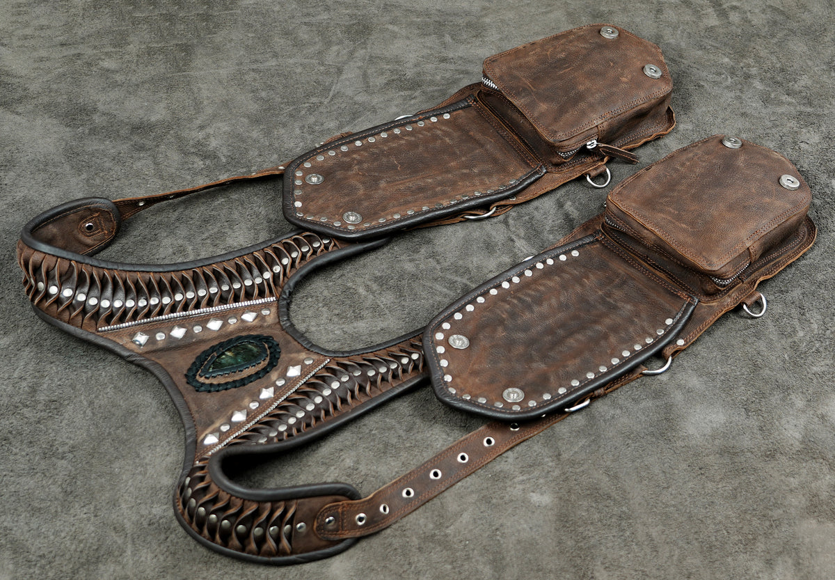 Brown Leather Holster Bag with Gemstones Unisex Steampunk Harness