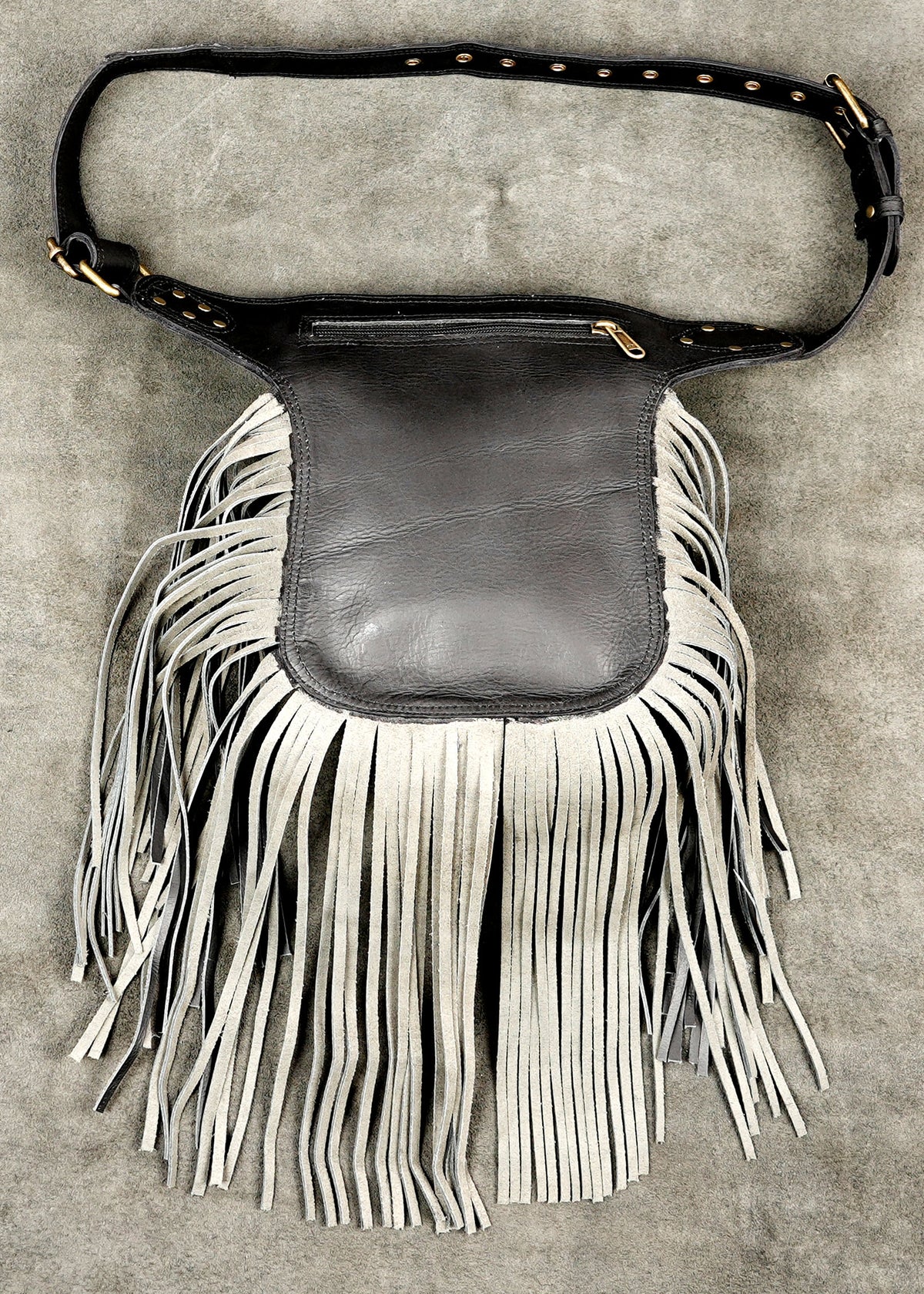 Handmade Black Leather Fringe Belt Bag Boho Festival Hip Pouch Adjustable Waist