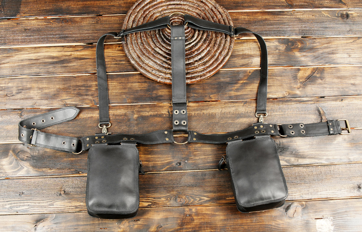 Punk rock black leather shoulder strap harness with twin storage bags