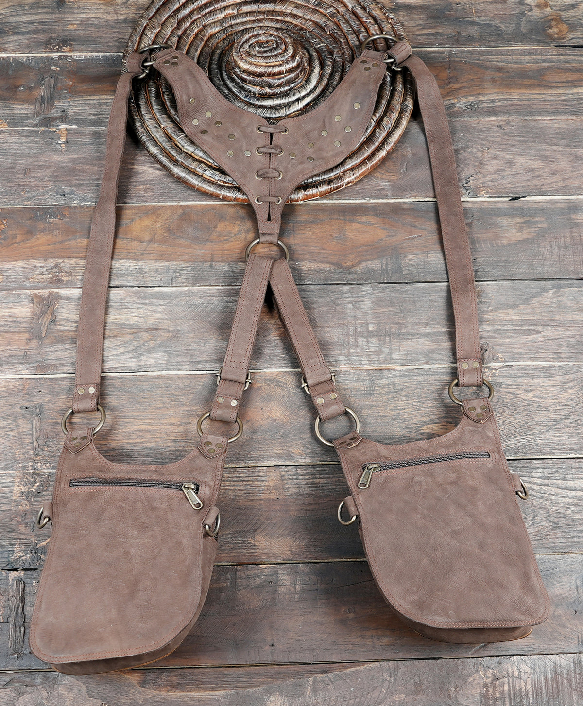 Leather steampunk shoulder harness bag with dual storage pockets