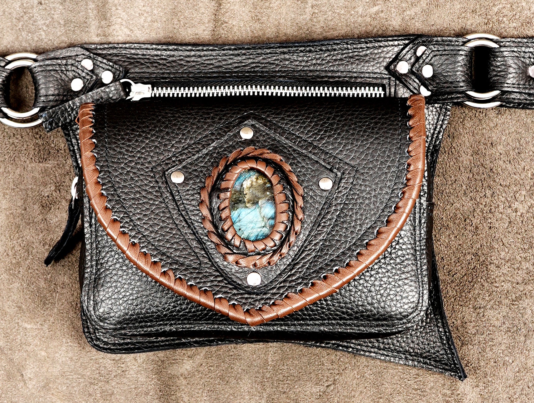 Warrior costume belt with labradorite crystals, top down view