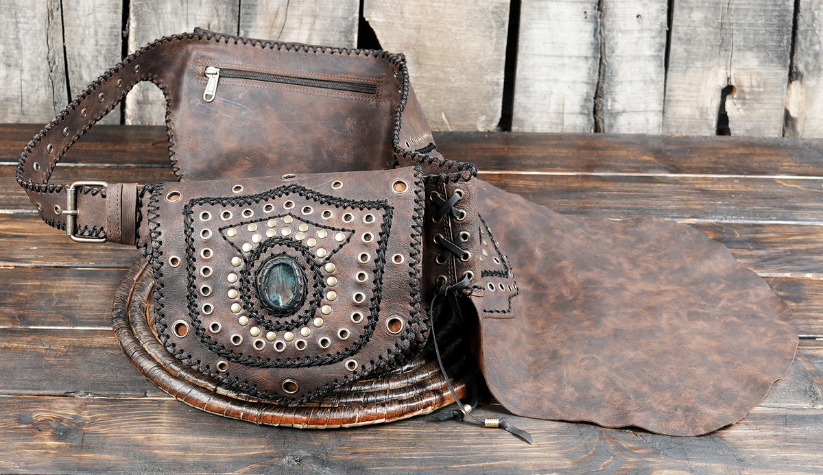 Western leather skirt with natural stone accents and grommets