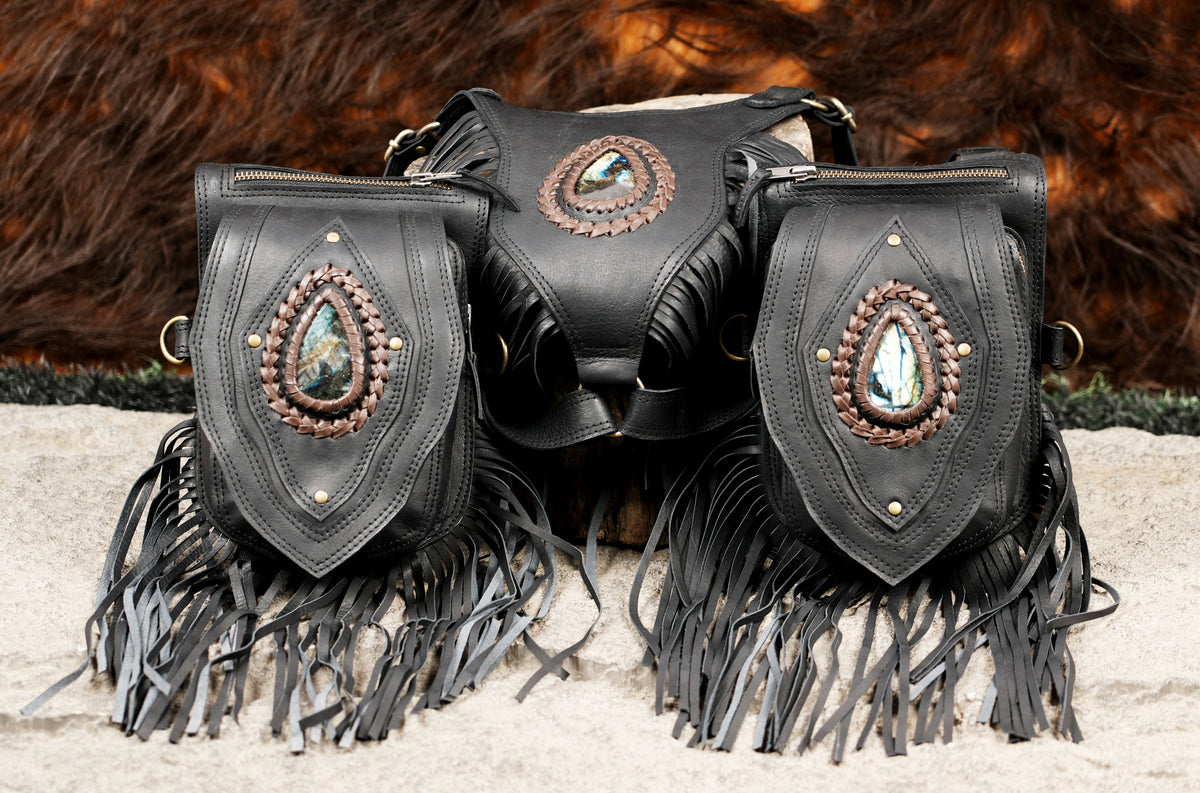 Black Leather Holster Vest Fringe Harness Bag Dual Utility Pouches Festival Body Suspender Natural Labradorite Stones