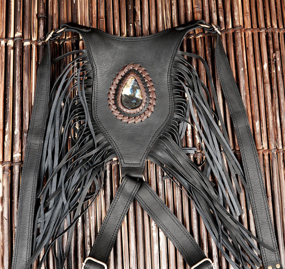 Black Leather Holster Vest Fringe Harness Bag Dual Utility Pouches Festival Body Suspender Natural Labradorite Stones
