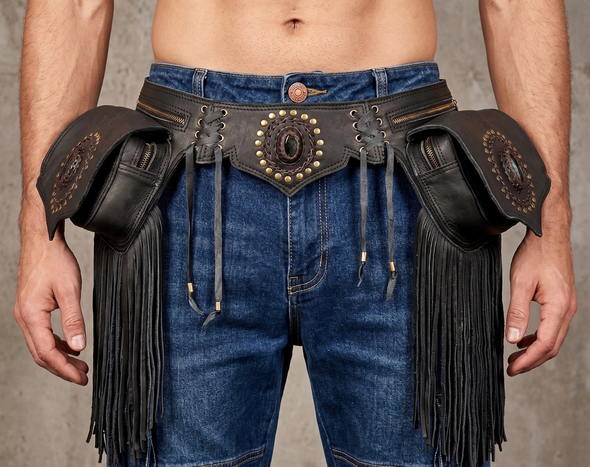 Black leather utility belt bag with western fringe and stone detailingBlack leather utility belt bag with western fringe and stone detailing