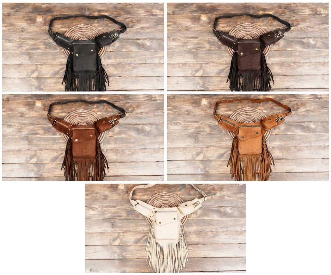 Black leather tassel waist bag for concerts and festivals