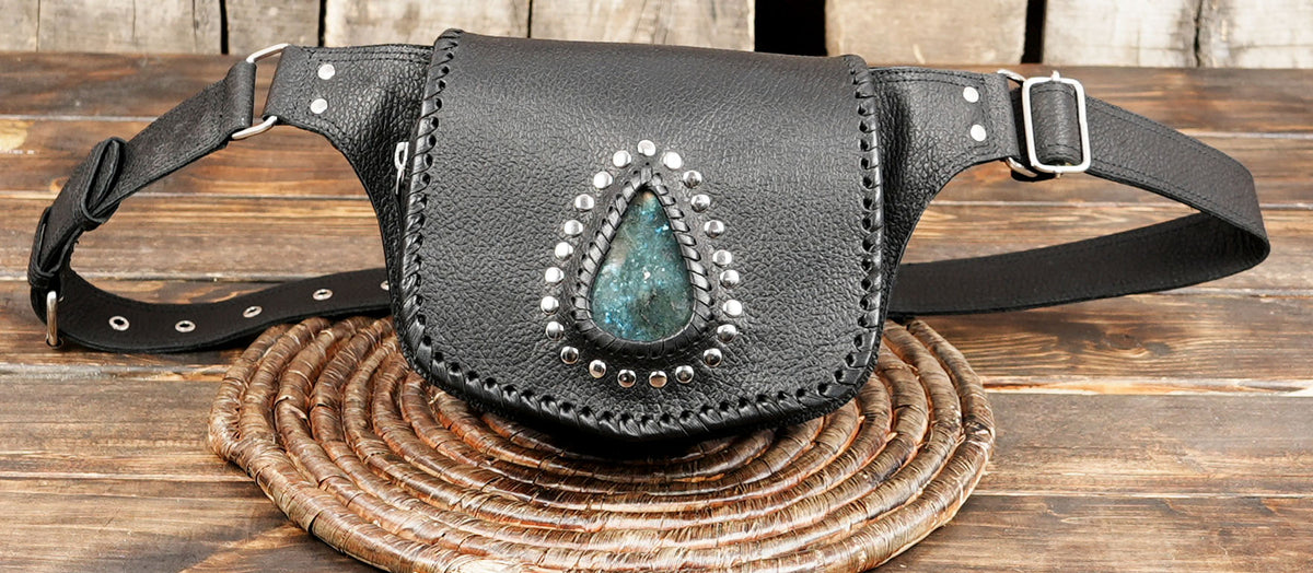 Whipstitch leather hip bag with natural crystal centerpiece