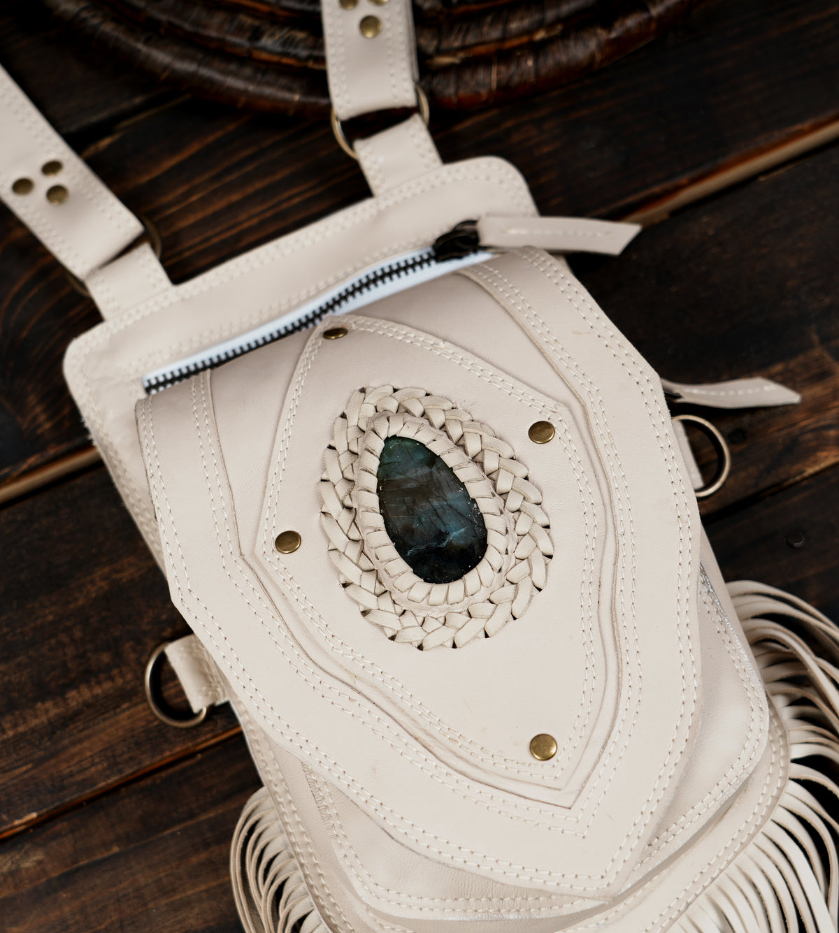 Handmade leather dual holster bag with natural gemstone accents