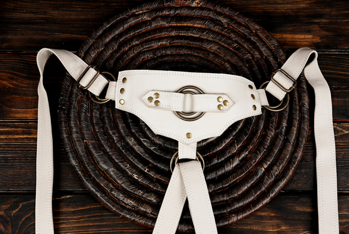 White leather festival chest harness with fringe bags