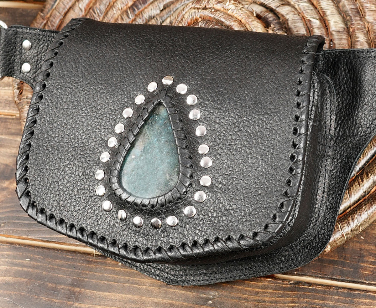 Handmade black leather belt bag with labradorite teardrop stone
