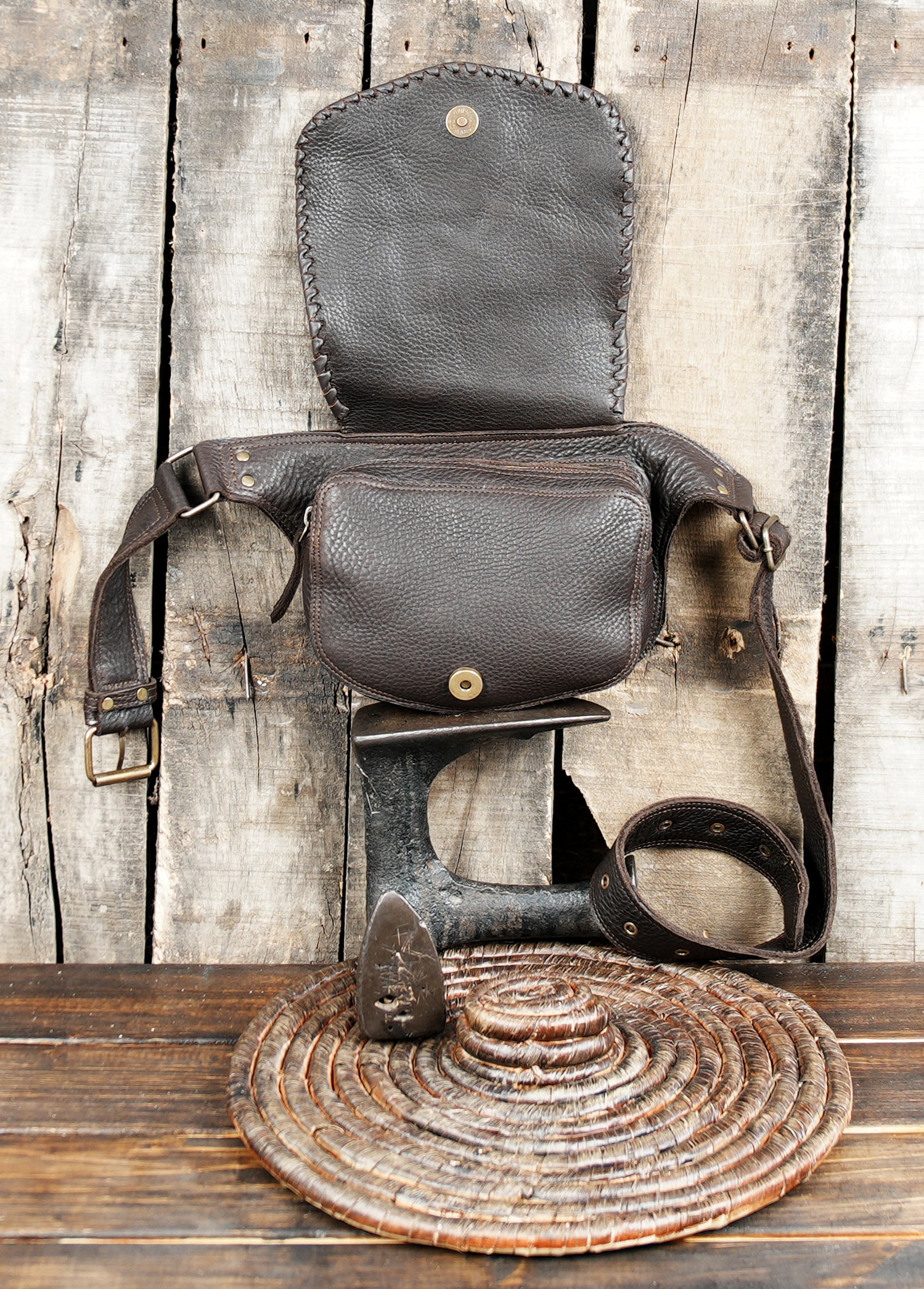 Artisan Leather Utility Belt Bag with Stone Centerpiece