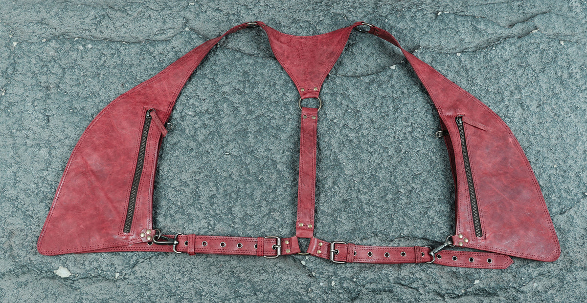 Handmade unisex leather shoulder holster bag with multiple zip pockets