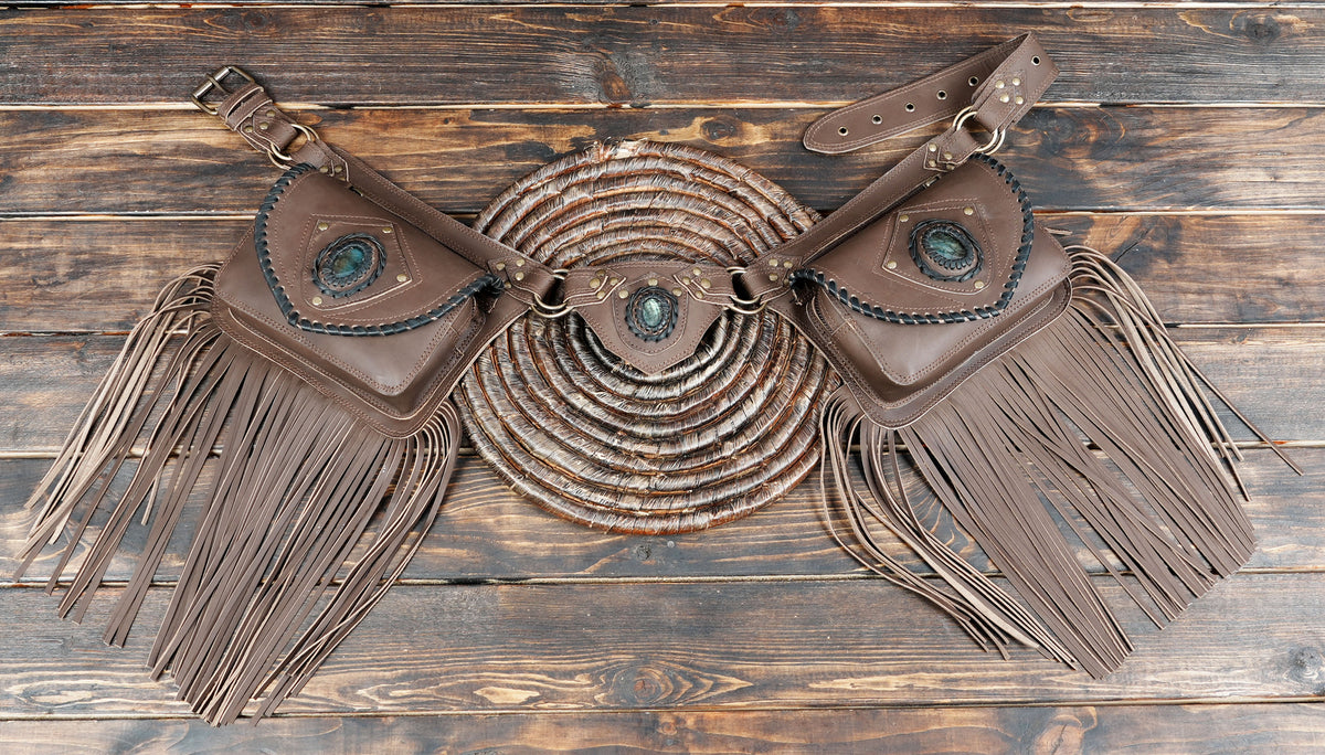 Handmade Leather Fringe Belt Bag, Black Western Waist Belt, Boho Hip Pouch, Stone Accent, Festival Wear