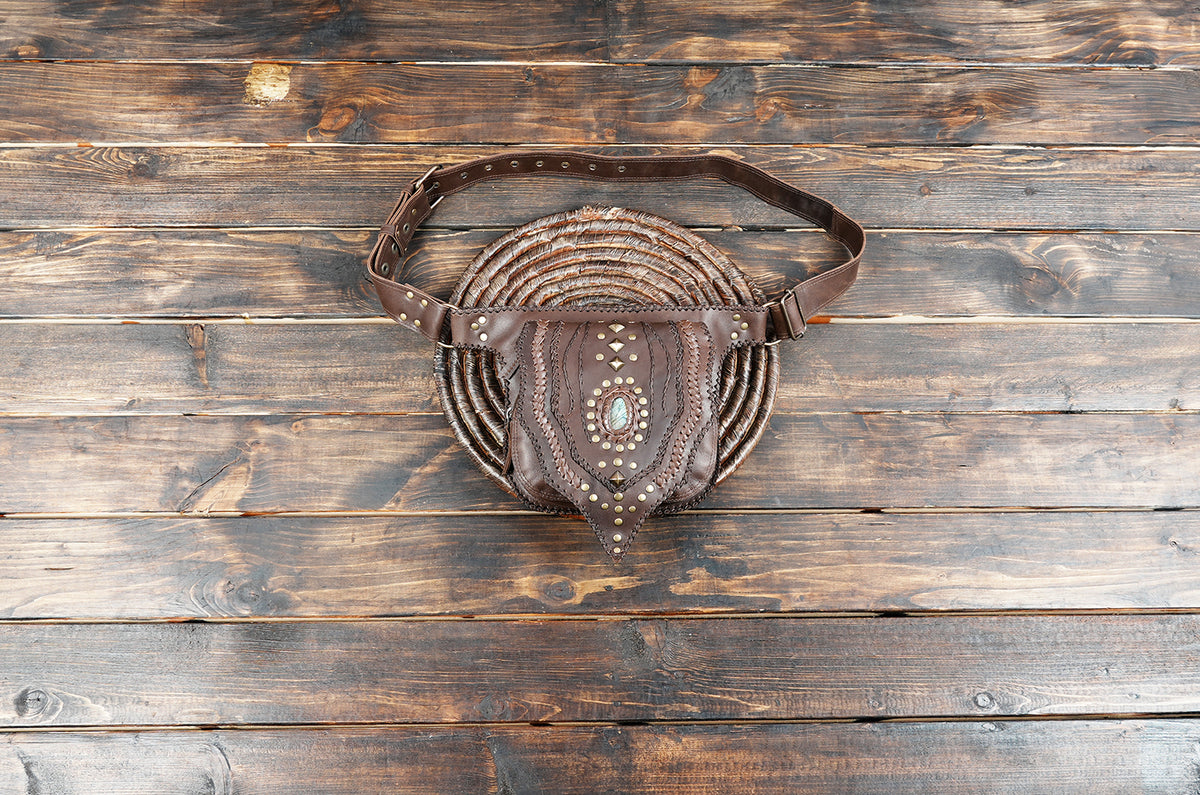 Genuine leather hip accessory with antique brass hardware