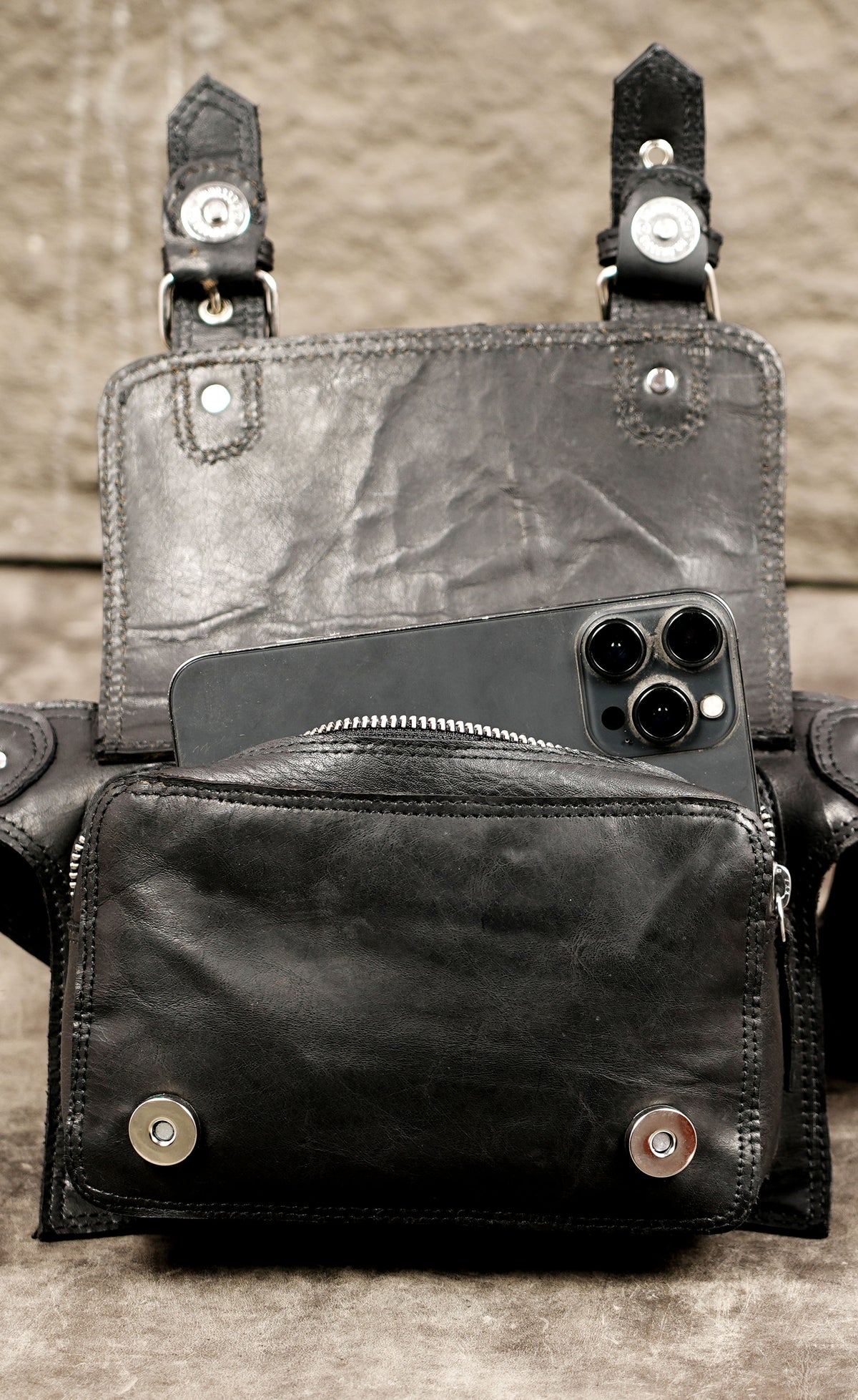 Handcrafted leather waist bag with adjustable long strap