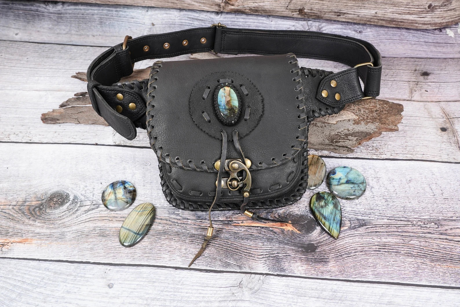 Handmade Leather Utility Waist Belt Bag || Hip Belt with real gemstone || Festival Fanny Pack for Women || Gift for her