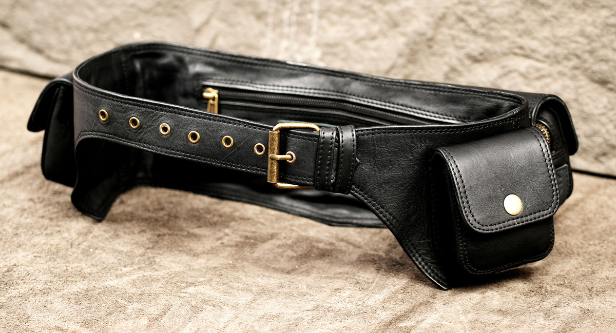 Black leather hip bag featuring four functional cargo compartments