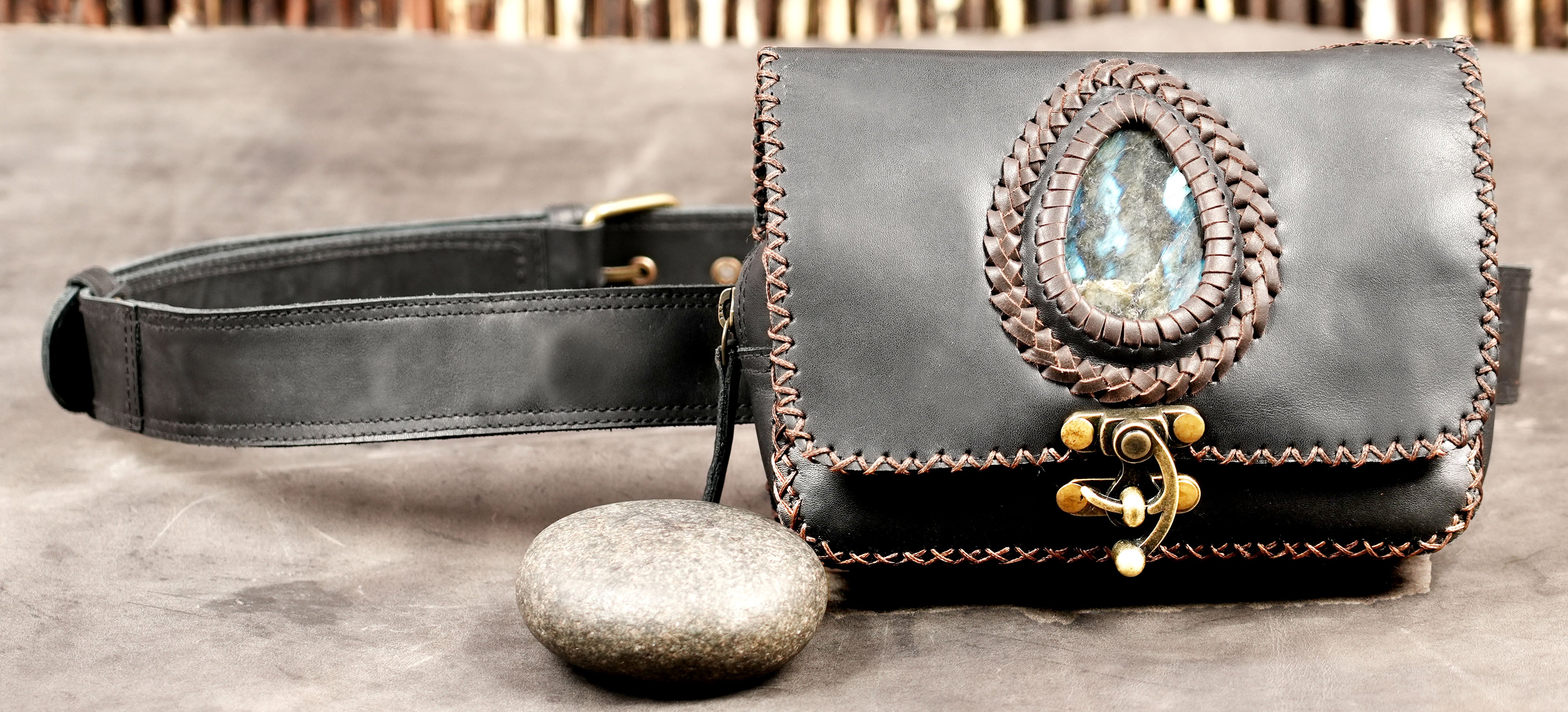 Hand-stitched black leather utility belt bag