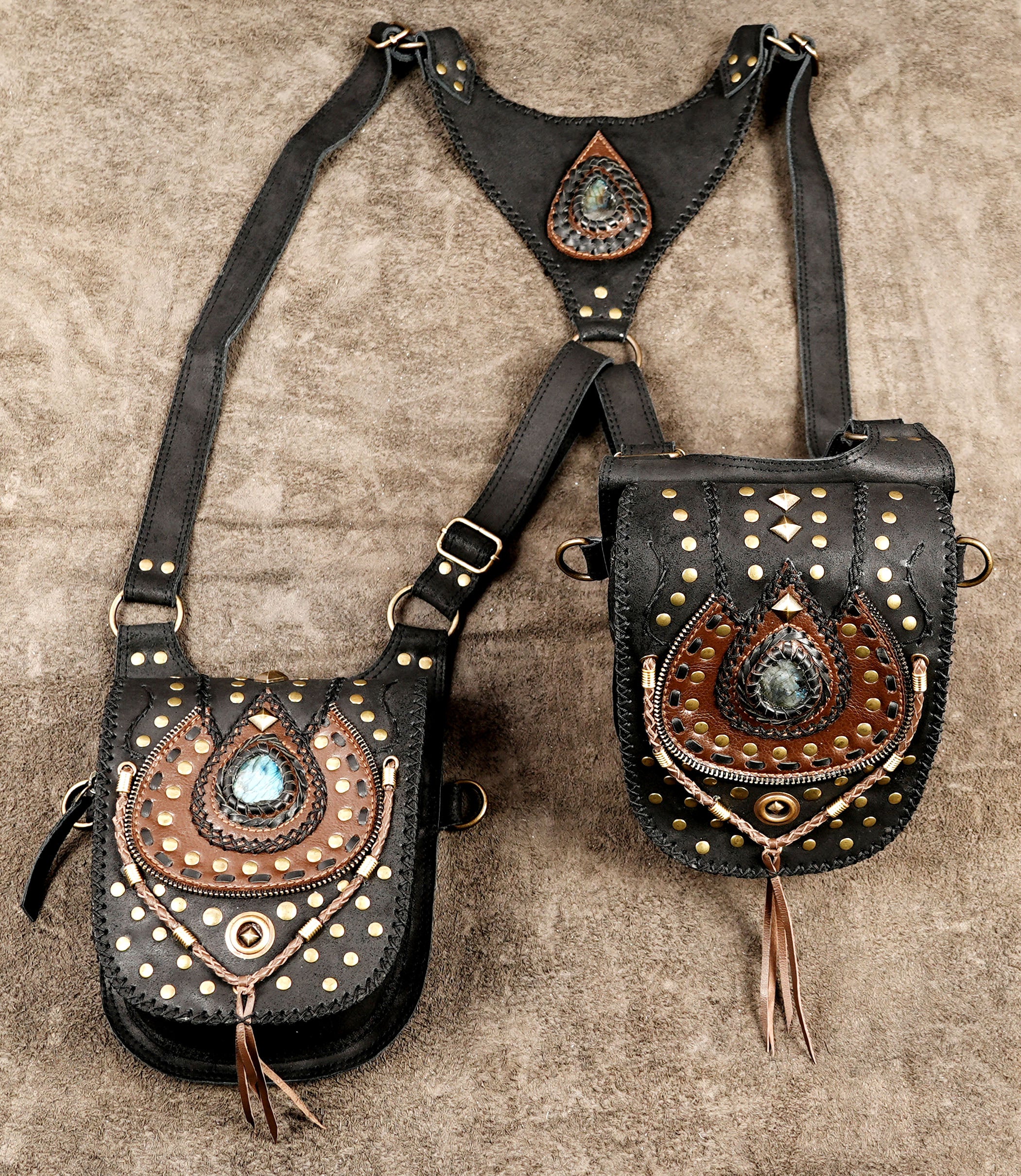 Leather Double Pouch Shoulder Bag with Adjustable Straps