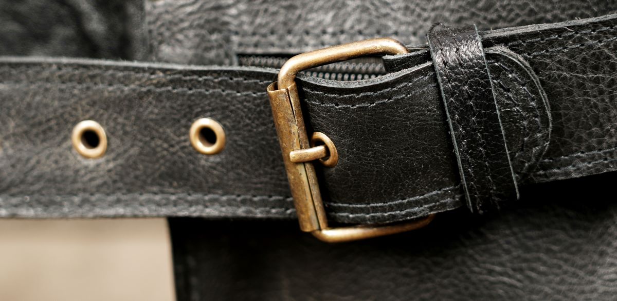 Black leather festival belt with dual pouch pockets