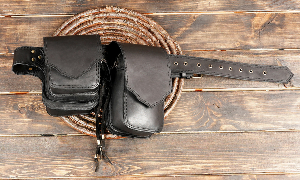 Black Leather Utility Hip Belt with Stone Accents and Brass Hardware