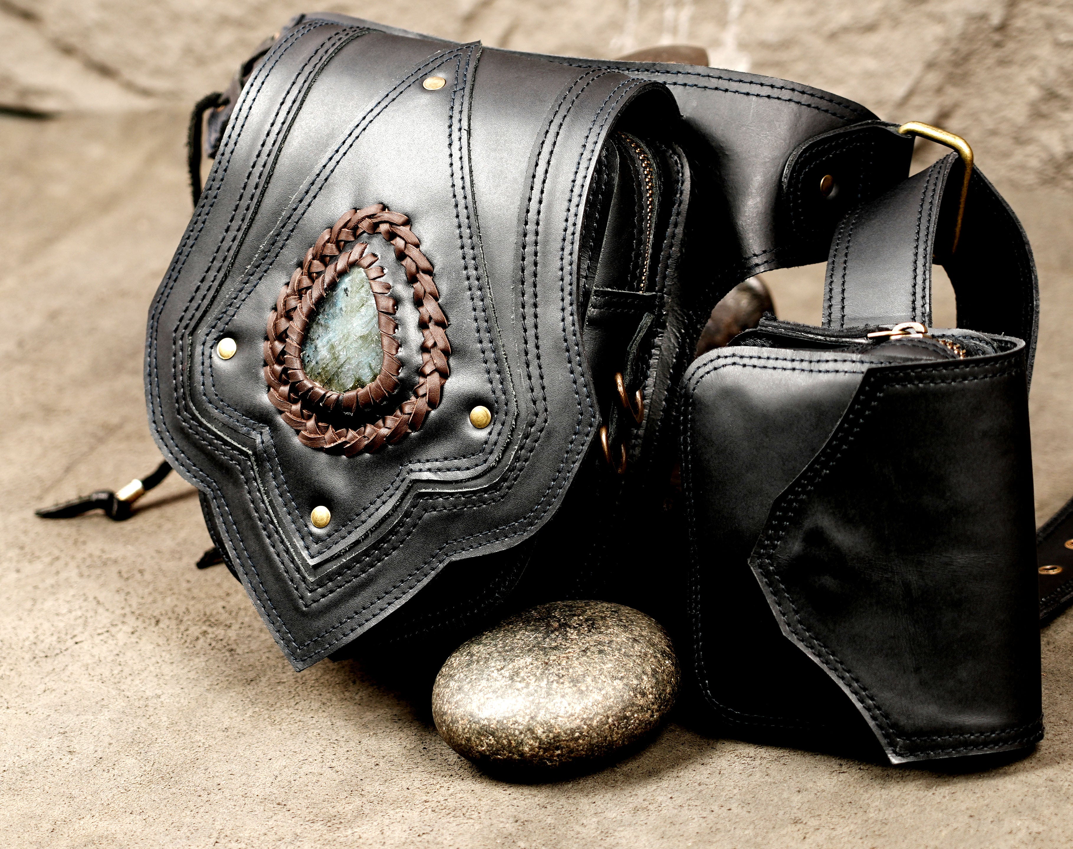 Black leather utility waist belt with multiple pouches