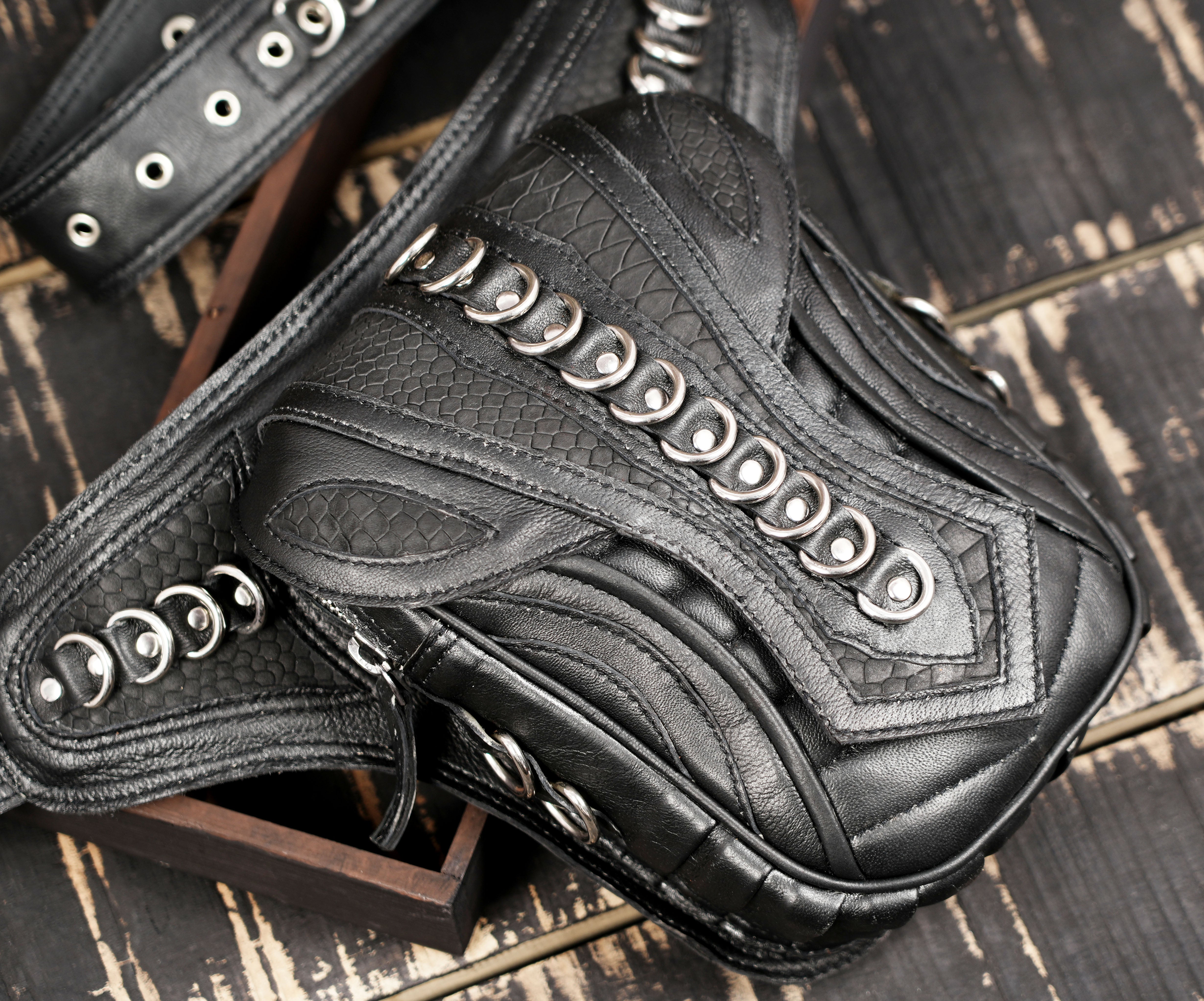 Handmade Black Leather Waist Belt with Front Utility Pouch | Adjustable Leather Belt Bag | Gothic Festival Travel Leather Belt (LT/NS/WB/6032)