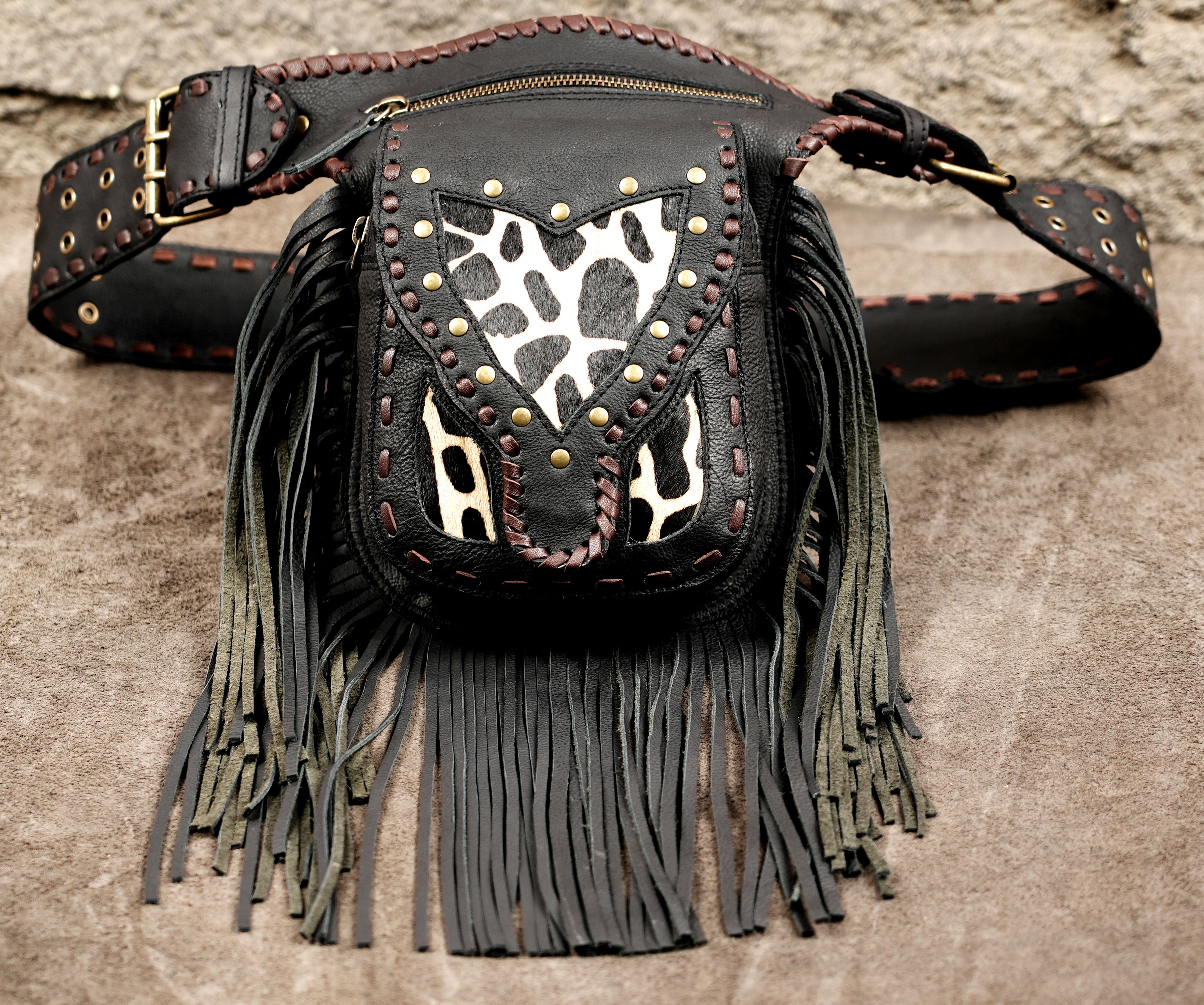 Black Leather Fringe Waist Belt Bag with Cow Print Detail and Antique Brass Hardware