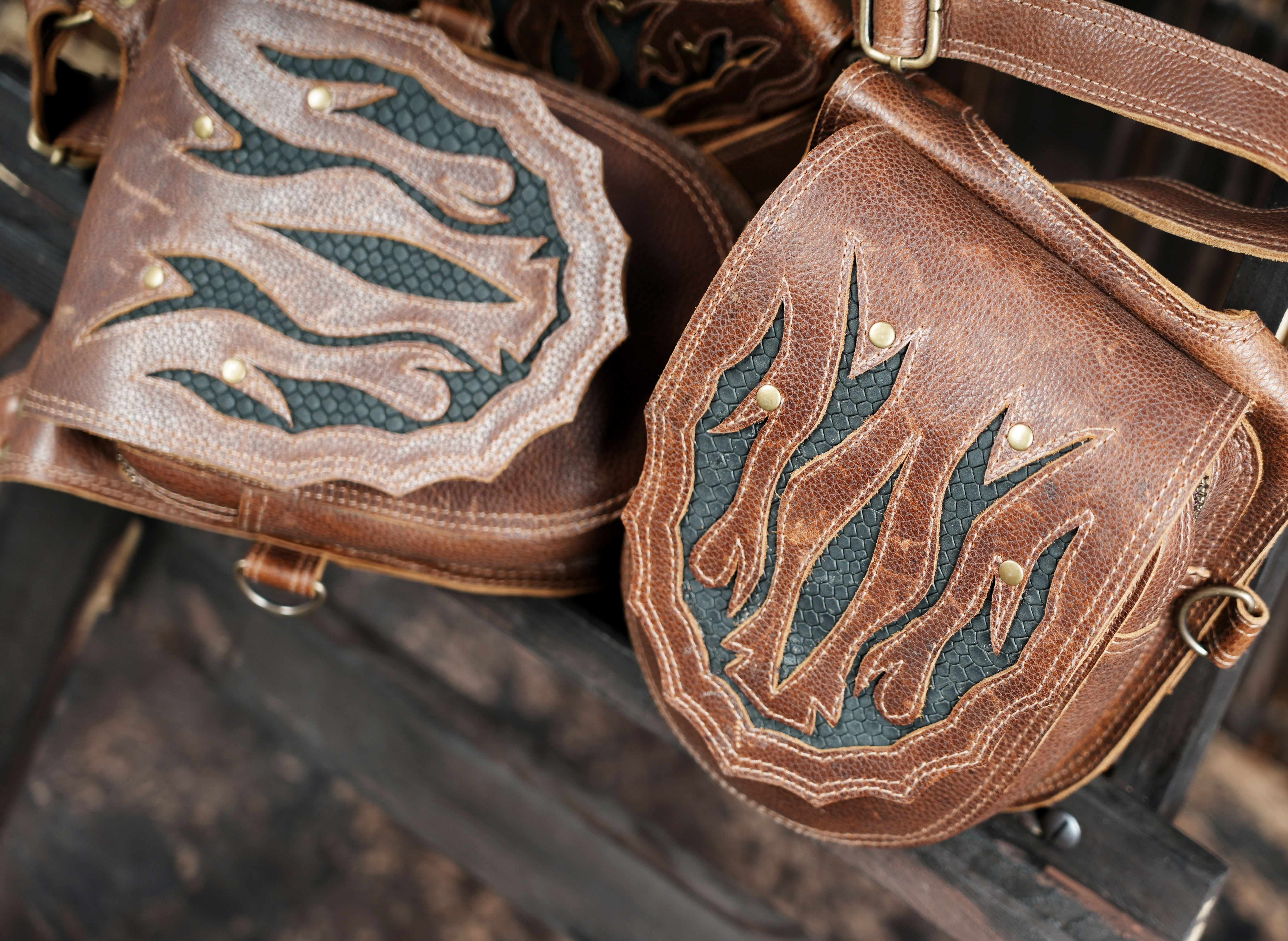 Handmade leather holster harness with two storage pouches