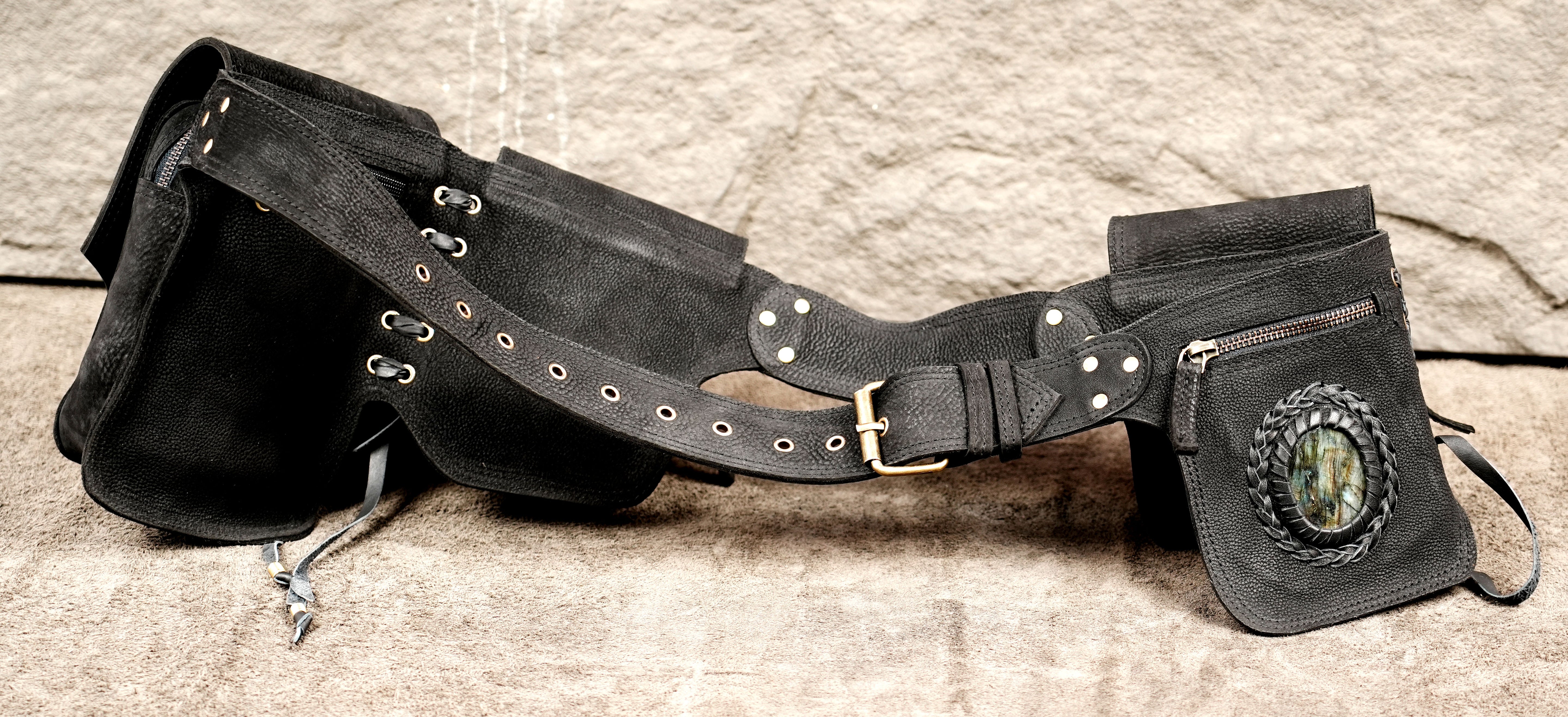 Black leather cosplay utility belt with storage pouches
