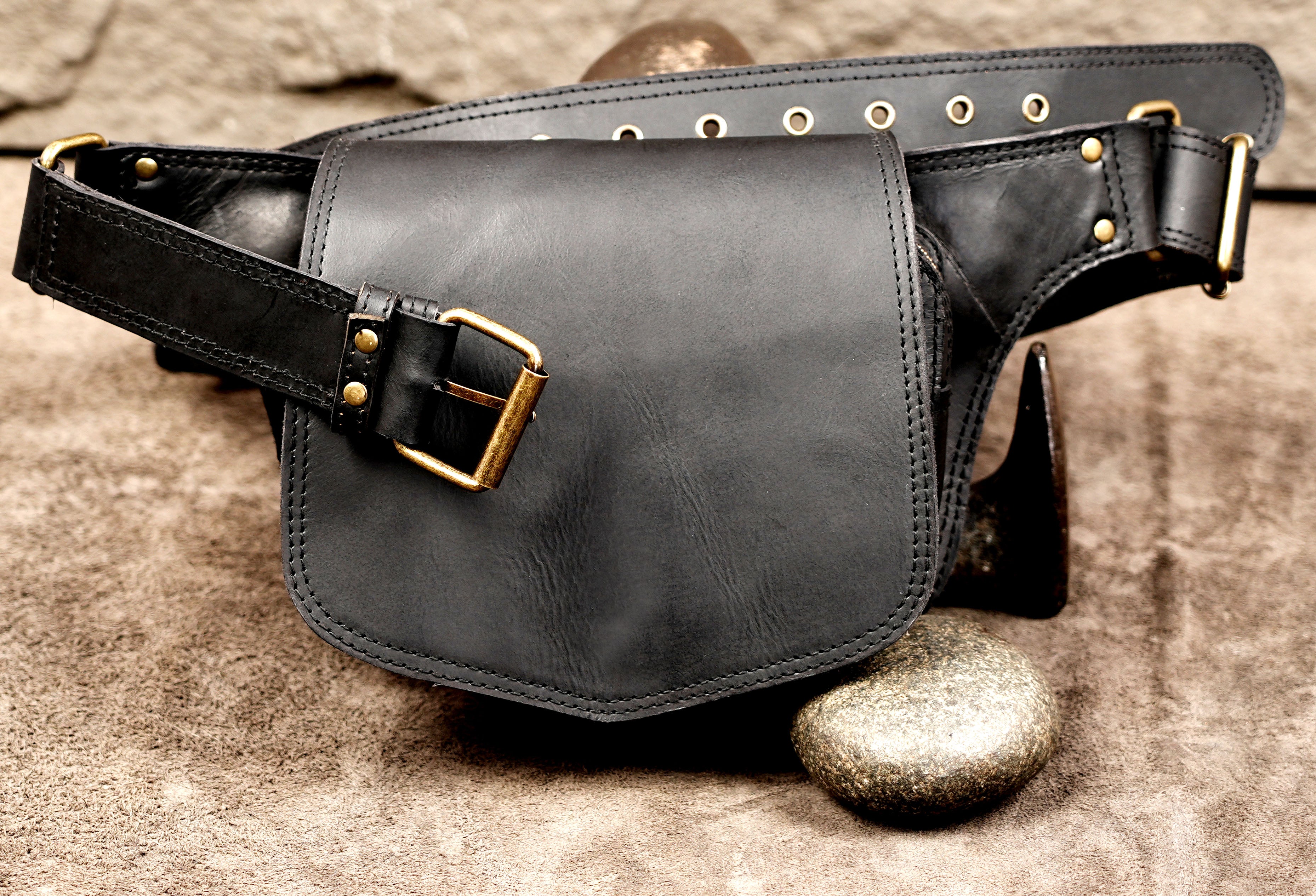 Black leather utility waist pouch