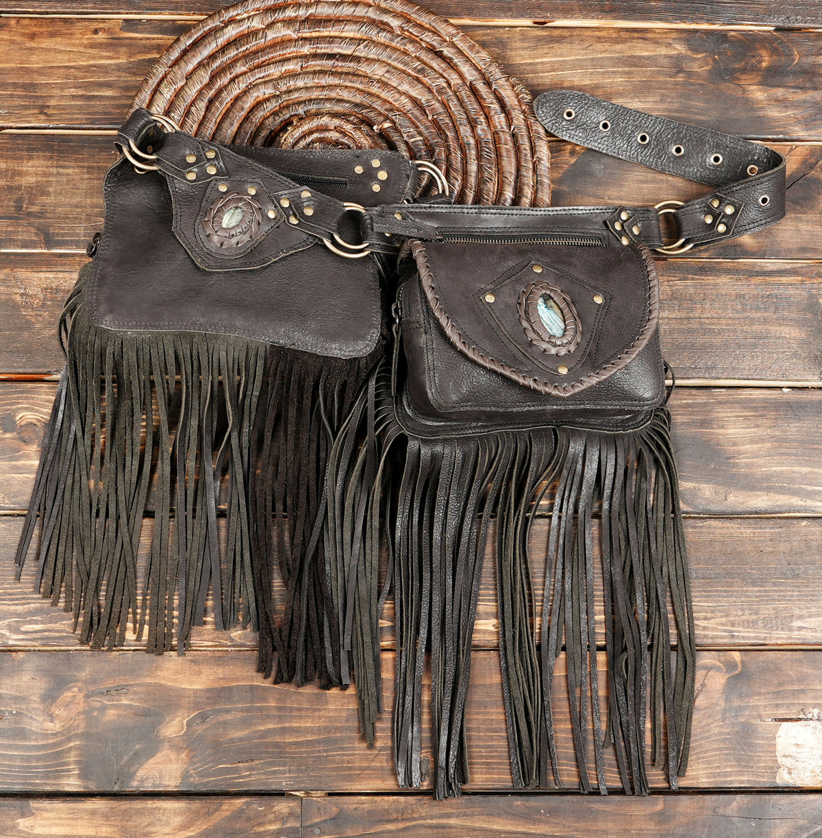 Handmade Leather Fringe Belt Bag, Black Western Waist Belt, Boho Hip Pouch, Stone Accent, Festival Wear
