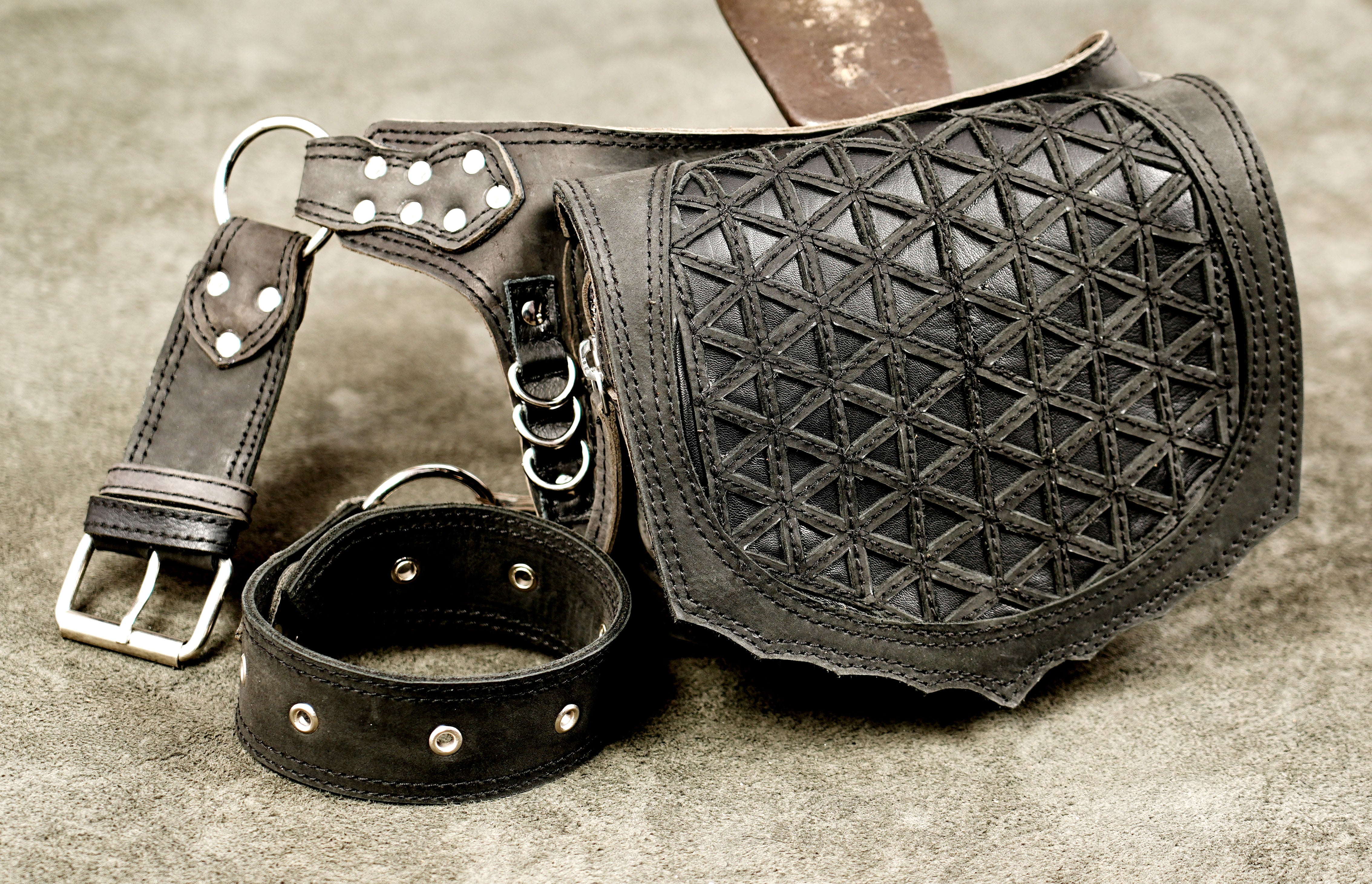 Leather festival waist pack with handcrafted geometric design for men and women