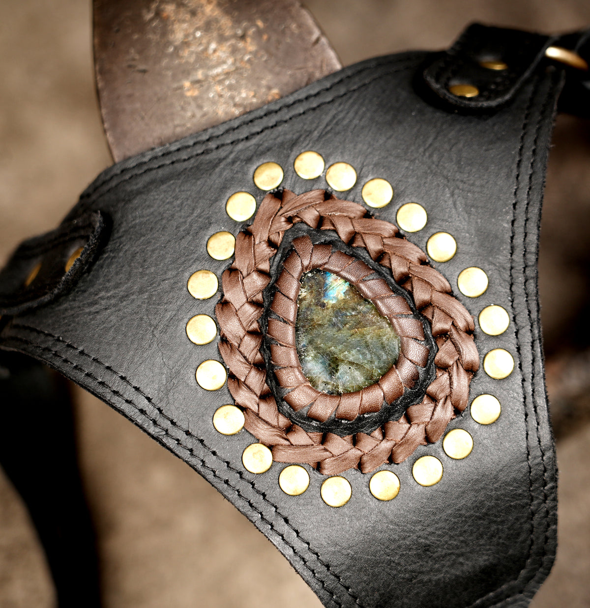 Black leather crossbody shoulder holster with dual utility pouches