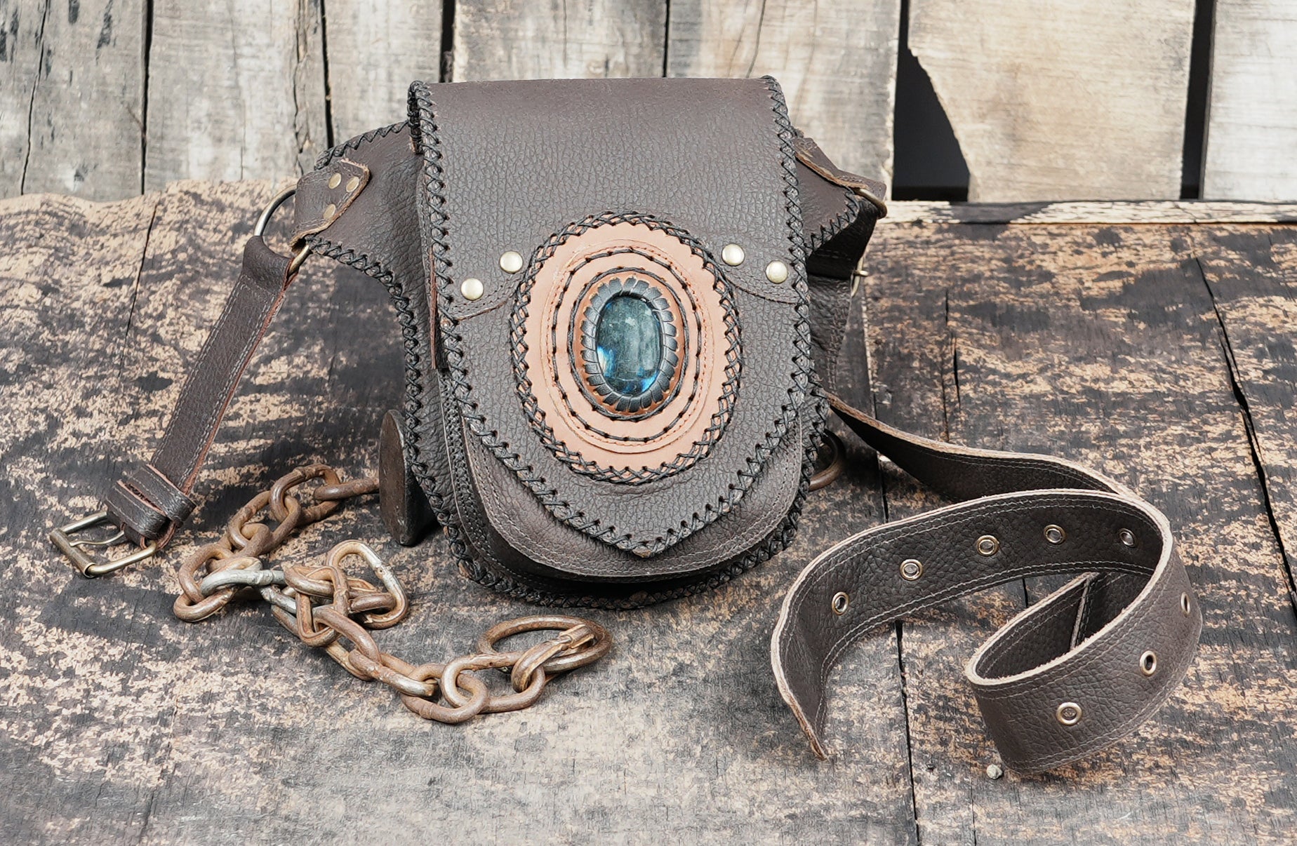 Handmade Leather Waist Belt with Front Pouch and Stone Detail || Leather Waist Belt Bag with Metal Hardware || Handmade Leather Waist Belt for Travel and Festivals (LT/AB/WB/6191)