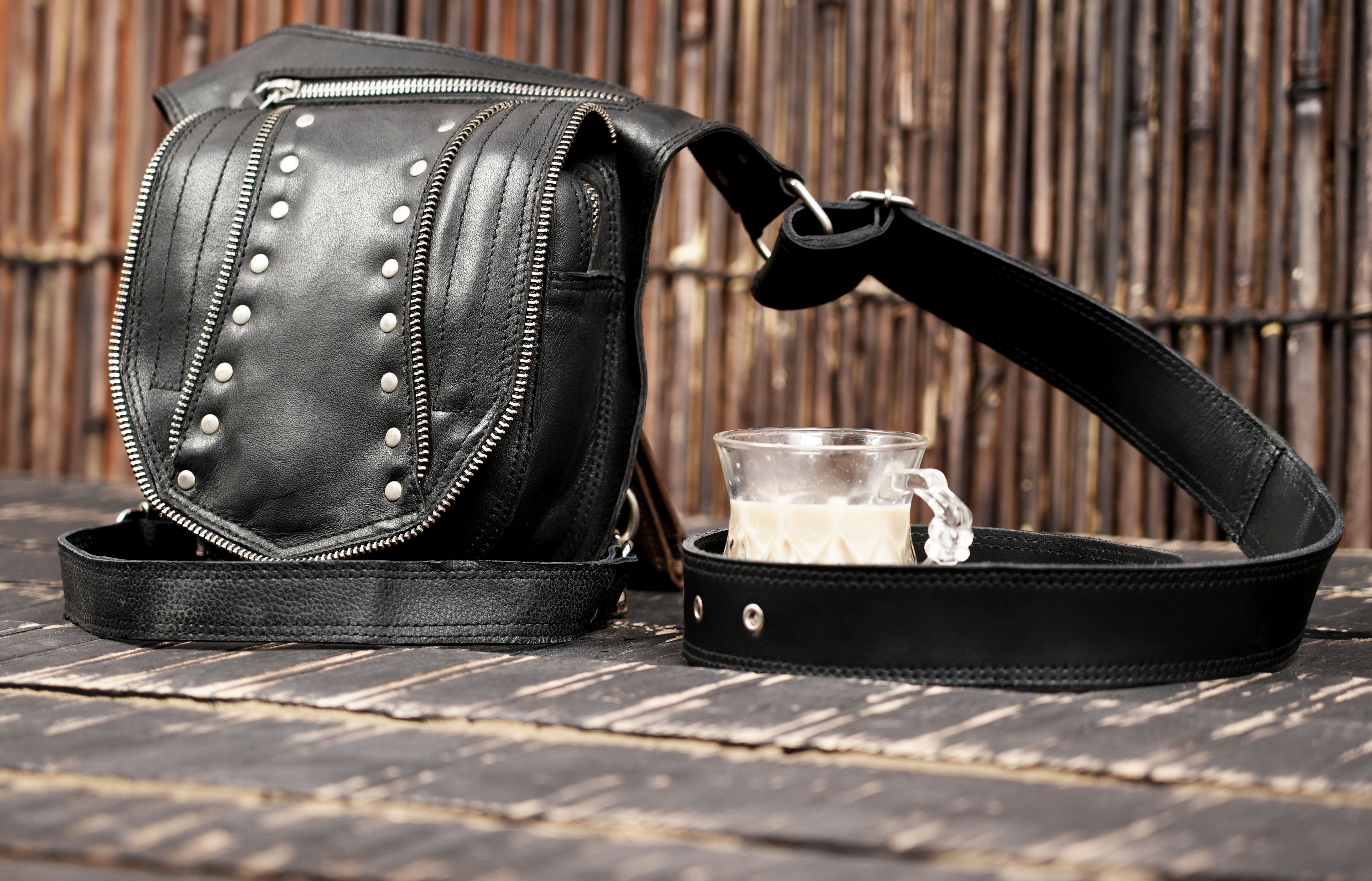Black leather waist thigh belt with zipper pouch || Unisex leather waist thigh belt with front pouch (LT/NS/WBTS/6005)