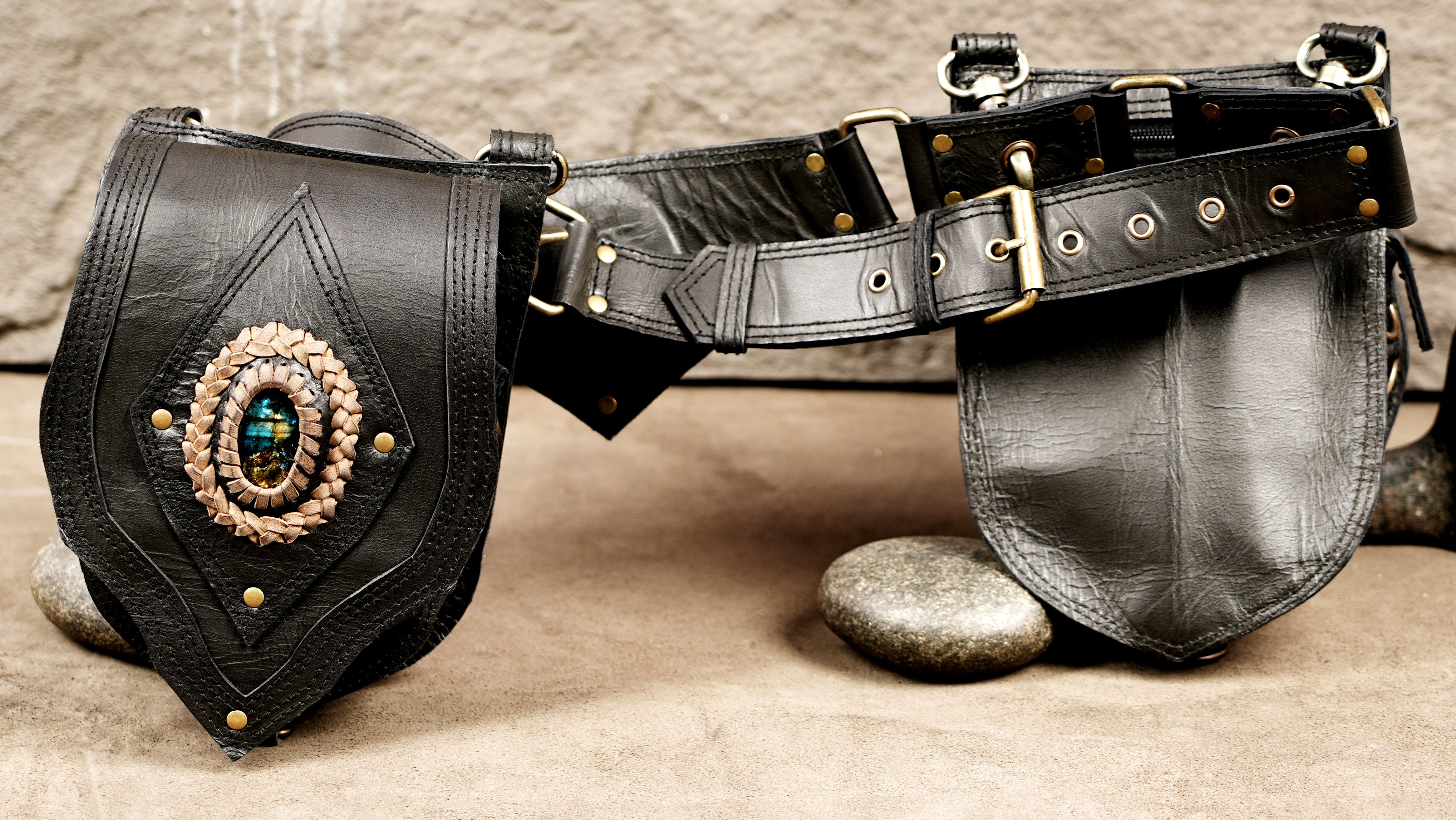 Boho Leather Waist Belt with Braided Gemstone Detailing