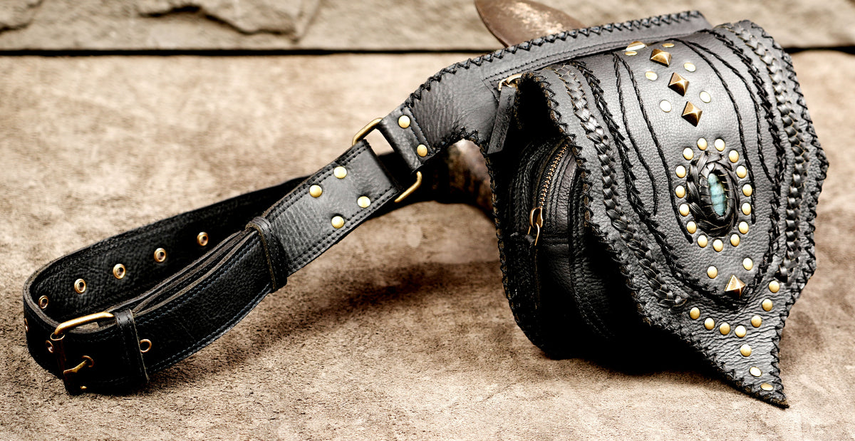 Rustic handmade leather pouch belt for women