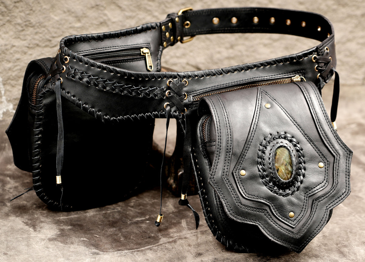 Handmade bohemian waist pouch with stone accents