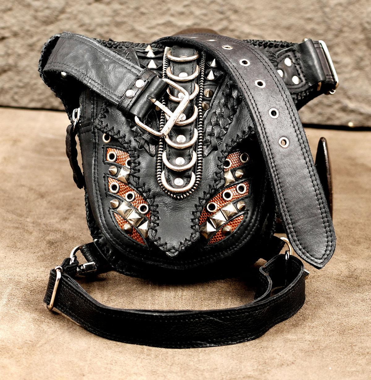 Gothic punk leather waist bag with studs and copper accents