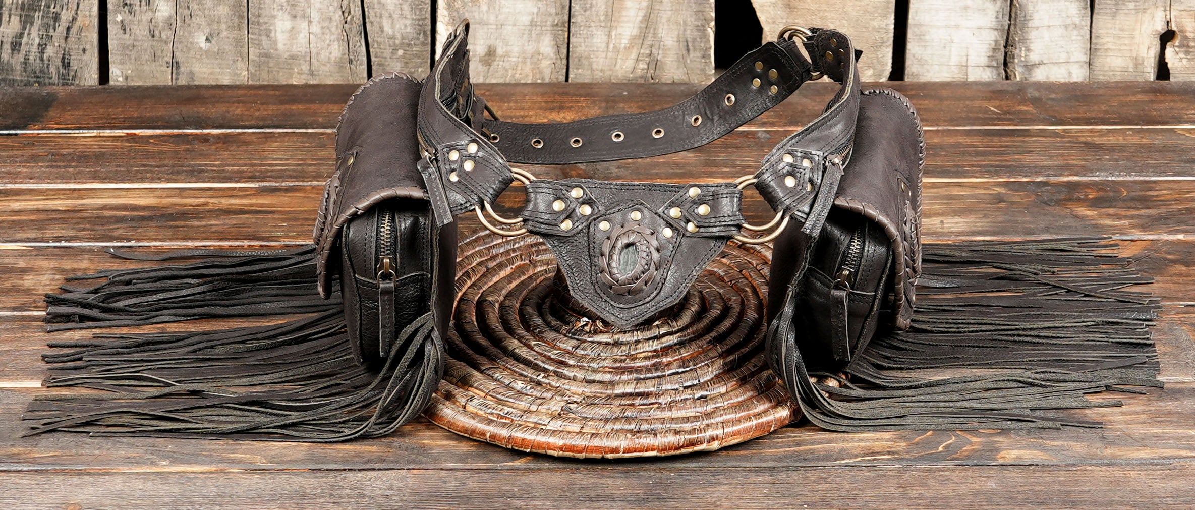 Handmade Leather Fringe Belt Bag, Black Western Waist Belt, Boho Hip Pouch, Stone Accent, Festival Wear