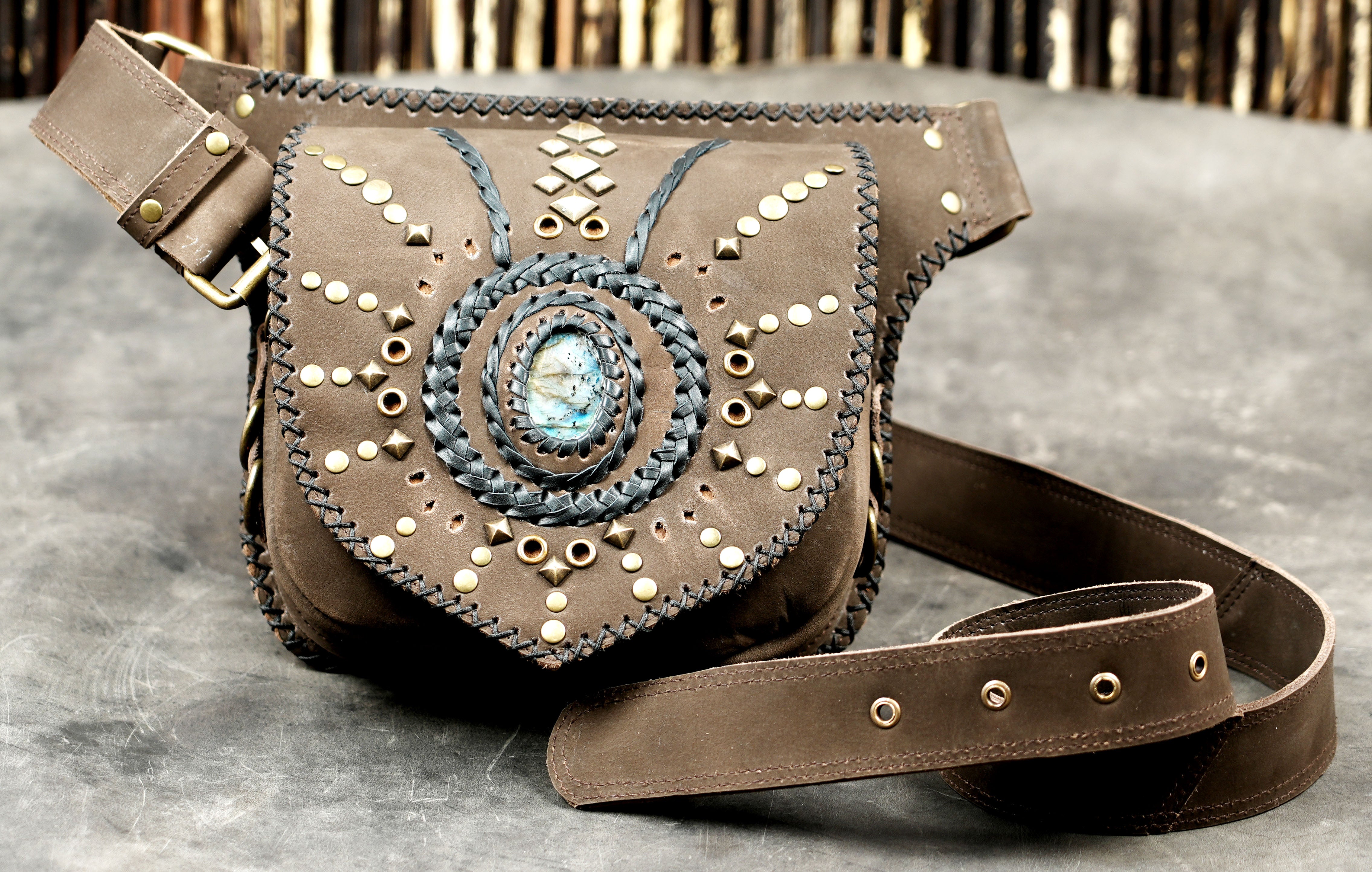 Boho chic leather fanny pack with natural labradorite