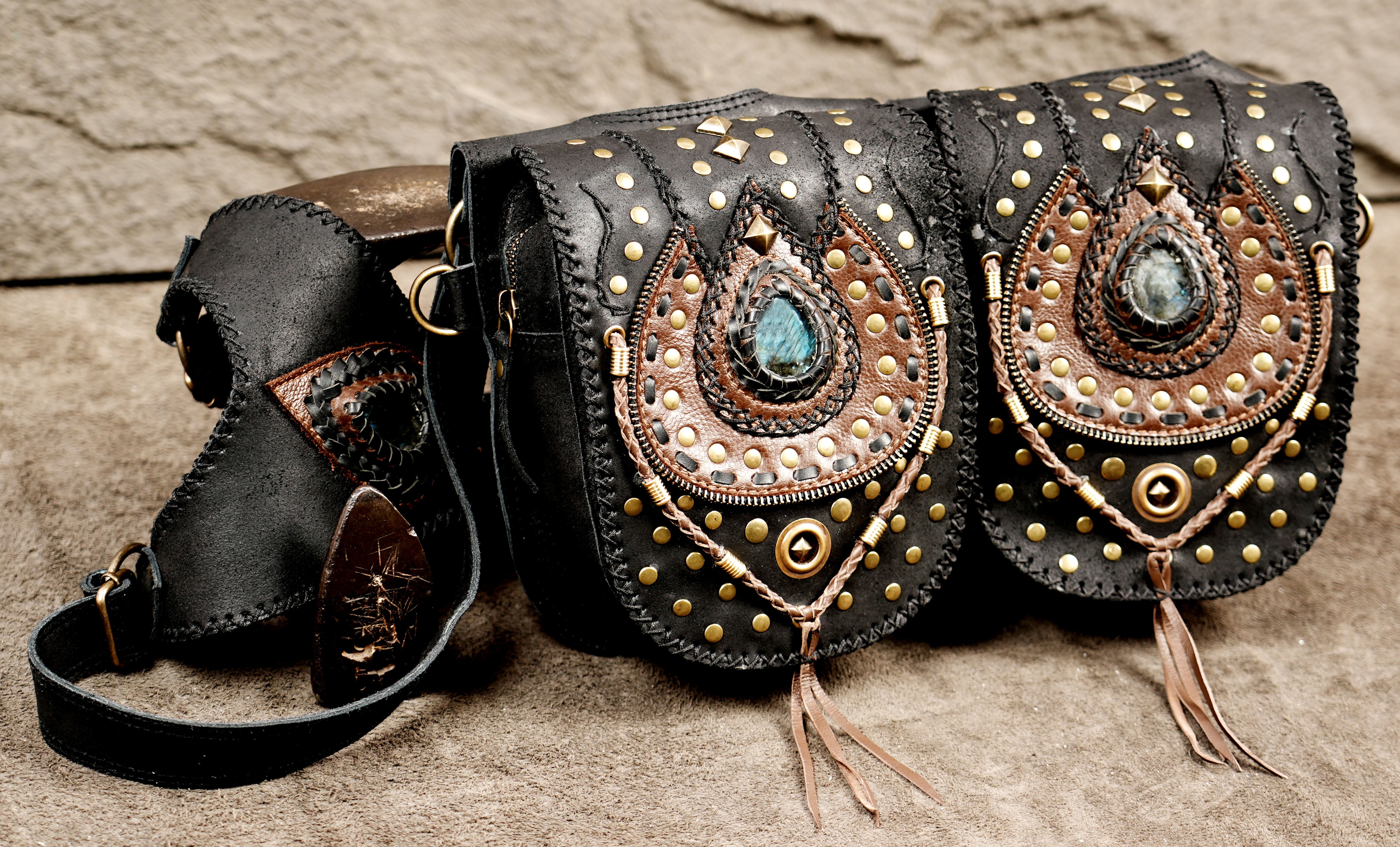 Handmade Black Leather Boho Holster Bag