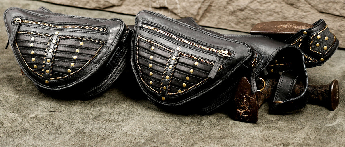 Handmade black leather festival shoulder bag with side pockets