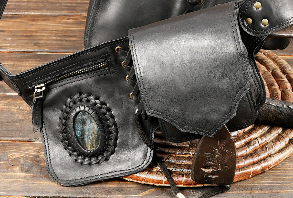 Black Leather Utility Hip Belt with Stone Accents and Brass Hardware